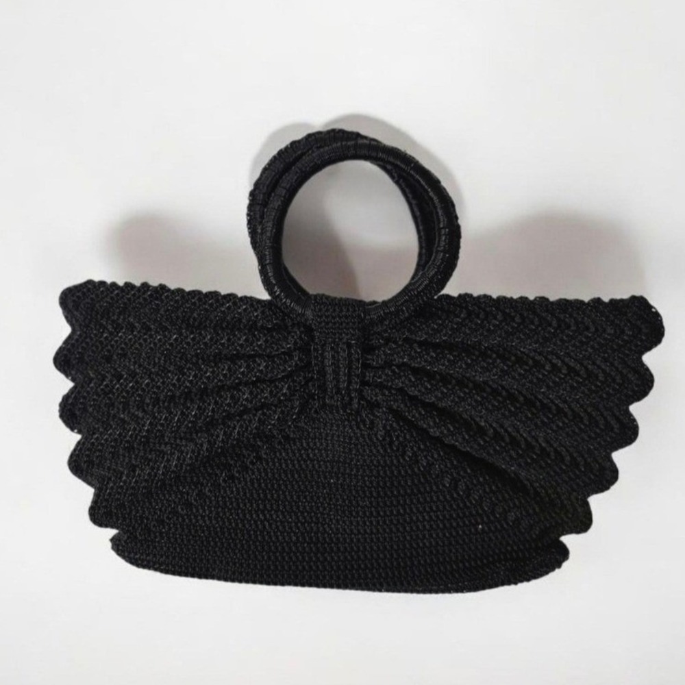 Chic Vintage Black Vinyl Cord Woven Top hande Bag 60s Retro zippered purse